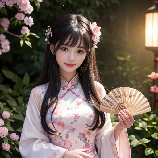best quality, Delicate face,beautiful visual work, lifelike, eternity, black hair, Long curly hair, blunt bangs, Smile, 在flower园里, flower, Detailed Background, Delicate face,pink blush,cold,((masterpiece))、(top quality)、8k、high detail、Super detailed,21 years old female,Wearing Chinese cheongsam、Seductive and whimsical style、masterpiece、born、Scenes resembling fairy tale illustrations、intricate details和複雜的設計、Beautifully、magic、capricious、 Beautifully、Dream aesthetics、「𝓡𝓸𝓶𝓪𝓷𝓽𝓲𝓬、ethereal、charming、fickle、magic」、realism、Visual effects、FXAA、SSAO、Shader、voiceless、ambient lighting、Tone mapping、High resolution、Ultra high quality、Million pixels、(8K resolution:1.10)、8k、8k以下、8K resolution、high detail、intricate details, (high quality:1.2、masterpiece:1.2、:1.21)、(21 years old female:1.21)、(興奮地Smile)、(Surrounded by a dreamy atmosphere、Model diagram,full-body shot,Normal 2 feet,Don't show your fingers,Japanese folding fan held open in front of chest