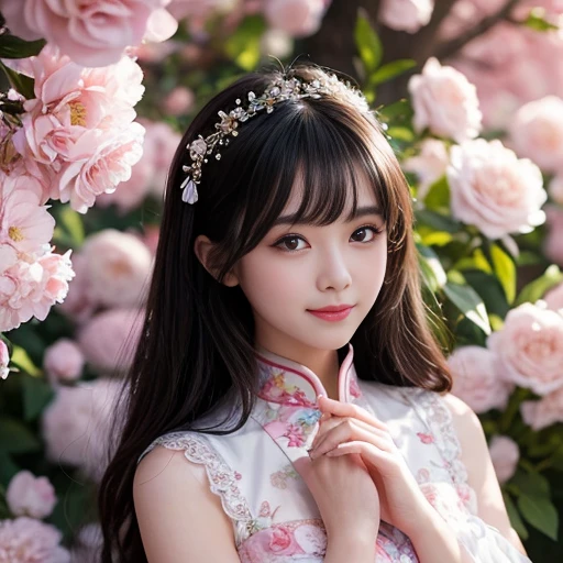 best quality, Delicate face，beautiful visual work, lifelike, eternity, black hair, Long curly hair, blunt bangs, Smile, 在flower园里, flower, Detailed Background, Delicate face，pink blush，cold，((masterpiece))、(top quality)、8k、high detail、Super detailed，21 years old female，Wearing Chinese cheongsam、Seductive and whimsical style、masterpiece、born、Scenes resembling fairy tale illustrations、intricate details和複雜的設計、Beautifully、magic、capricious、 Beautifully、Dream aesthetics、「𝓡𝓸𝓶𝓪𝓷𝓽𝓲𝓬、ethereal、charming、fickle、magic」、realism、Visual effects、FXAA、SSAO、Shader、voiceless、ambient lighting、Tone mapping、High resolution、Ultra high quality、Million pixels、(8K resolution:1.10)、8k、8k以下、8K resolution、high detail、intricate details， (high quality:1.2、masterpiece:1.2、:1.21)、(21 years old female:1.21)、(興奮地Smile)、(Surrounded by a dreamy atmosphere、Model diagram，full-body shot，Normal 2 feet，Don't show your fingers，Japanese folding fan held open in front of chest