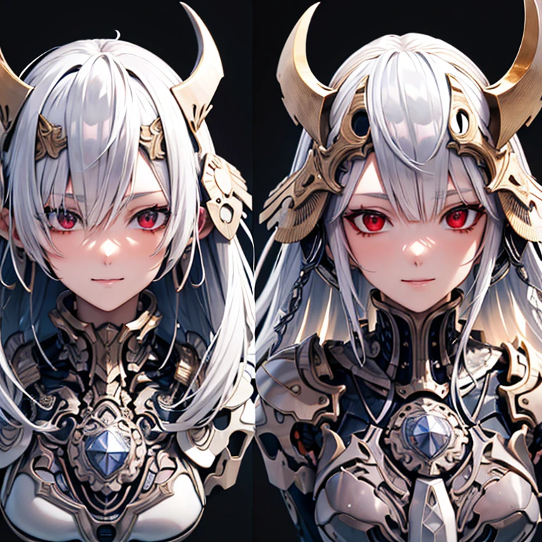 full body, three views, High resolution, gauze, smile, Shortcuts, bangs, Red eyes, Headpiece, 目の間のbangs, head band, Horns of the beast, Multiview, Decorative arts, masterpiece, Accurate, Anatomically correct, 最high quality, High resolution, Attention to detail, High resolutionモデル, high quality, Very detailed, Grey Hair, Silver Hair, Intersecting bangs, chest, Hide your ears, Please open your mouth a little, teeth, teethを見せて笑う, Slanted Eyes, Portraits, Setting diagram, Status Table, bonus, Character Design画, head band, Mole at the corner of the mouth, Feather Hair Accessories, Cast a Shadow, 8k octane, anime, anime風, Character Design, Brown Skin、Bone wings on the back、Exposed muscles、Shoulder Bare、Mechanical Limbs、
