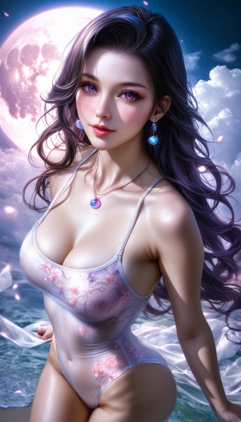 score_9, score_8_superior, score_7_superior, A masterpiece in 32K resolution,Highest quality,it is really amazing,Very detailed,Ultra-high resolution,(Ultra-realistic:1.5),(Realistic:1.5),Increased depth of field,Cinematic lighting,
(Sexy adult Japan woman:1.4),
Long black hair,Ultra-detailed and beautiful face,(Gentle expression:1.1),Translucent white skin,(Realistic skin texture:1.1),
(Sexy Swimwear:1.1),
Bold design,Artistic design,Beautiful and detailed pattern,Detailed fabric texture,
Gorgeous necklace,Earrings,
Coastline at night,(Giant Moon:1.1),(Dark clouds floating in the dark night sky:1.1),
High angle,