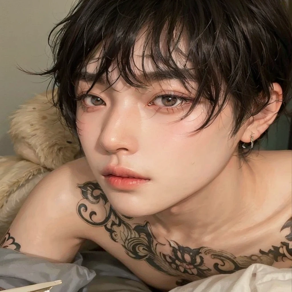 ulzzang boy, korean, shirtless, realistic, super realistic, iphone selfie, serious face, hot, men, 1men, wonbin, wonbin (riize) kpop, casual, tattoo