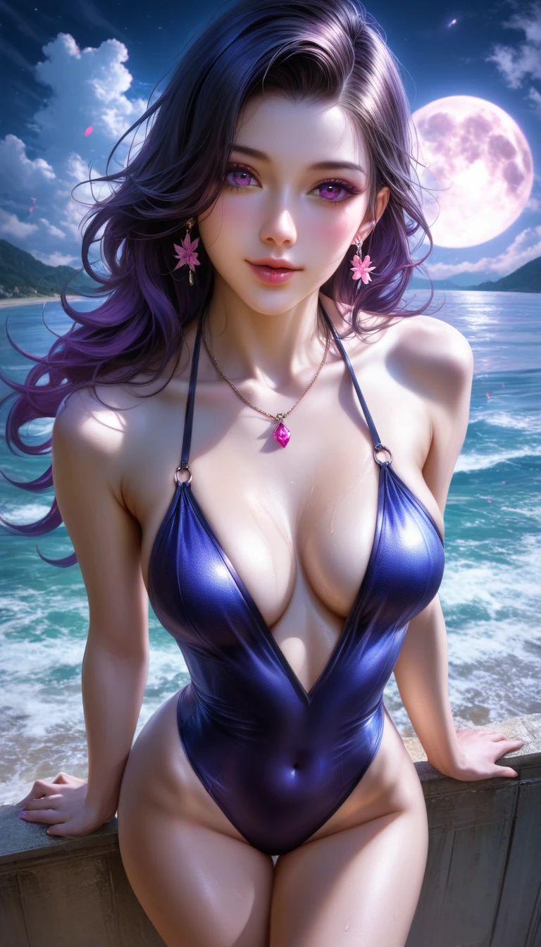 score_9, score_8_superior, score_7_superior, A masterpiece in 32K resolution,Highest quality,it is really amazing,Very detailed,Ultra-high resolution,(Ultra-realistic:1.5),(Realistic:1.5),Increased depth of field,Cinematic lighting,
(Sexy adult Japan woman:1.4),
Long black hair,Ultra-detailed and beautiful face,(Gentle expression:1.1),Translucent white skin,(Realistic skin texture:1.1),
(Sexy Swimwear:1.1),
Bold design,Artistic design,Beautiful and detailed pattern,Detailed fabric texture,
Gorgeous necklace,Earrings,
Coastline at night,(Giant Moon:1.1),(Dark clouds floating in the dark night sky:1.1),
High angle,