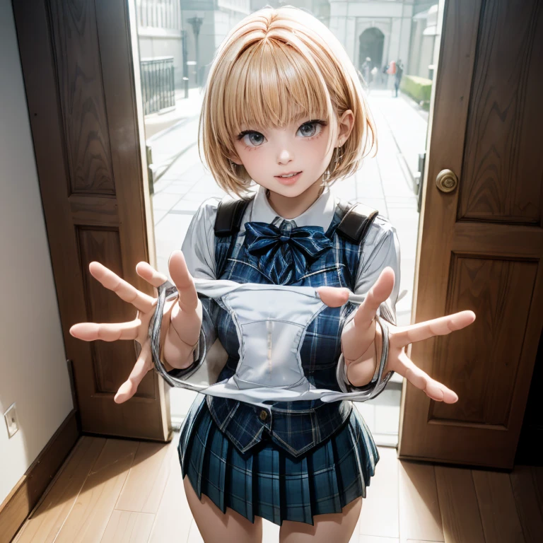 (masterpiece:1.3, Highest quality, Ultra-high resolution, Very detailed), (Realistic, photoRealistic:1.4), Pay attention to the panties, Panties as a gift, (White panties:1.2), (Pee stained panties:1.5), (Yellow dirty panties:1.2), Holding, (Holding panties), ((Five Fingers)), No pants, ((Panty bukkake)),Smelly panties,Beautiful illustrations, Perfect lighting, Natural light, colorful, Written boundary depth, Surrealism, Beautiful detailed hair, Beautifully detailed face, Beautiful attention to detail, Beautiful clavicle, Beautiful body, Beautiful breasts, Beautiful thighs, Beautiful feet, Beautiful fingers, Glowing Skin, Baby Face, 
View your viewers, 1 girl, high school girl, (Perfect Anatomy, Anatomically correct, Very detailed肌), Cute and symmetrical face, Perfect Face, Perfect Eyes, Perfect Fingers, Five Fingers, 
(short hair, Pixie Cut, blonde), Swept-apart bangs, Purple eyes, Long eyelashes, (Large Breasts:1.2, Captivating thighs), thin, outAre standing style, 
((Detailed cloth texture, break,break, White collared shirt, break,break, navy blue suit vest, break,break, Blue plaid pleated skirt, break,break, Purple and blue bow tie), socks, Black Loafers), 
(Beautiful views), (station), (Are standing, Leaning forward), (Heart-shaped pupils, :3, Excited, Ahegao, orgasm, In the heat, Mischievous face, Captivating smile, Small with open mouth), 
