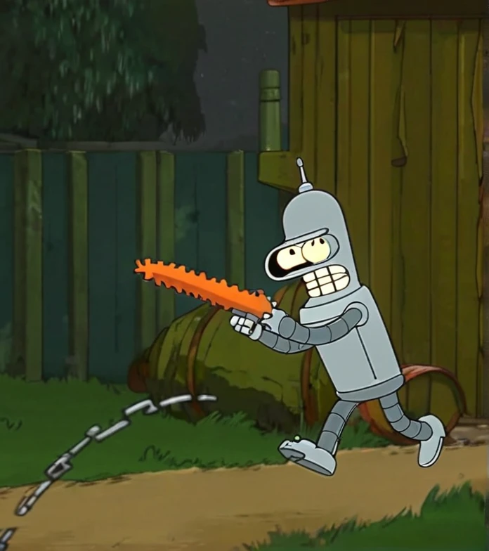 Bender, holding Chainsaw, running, England