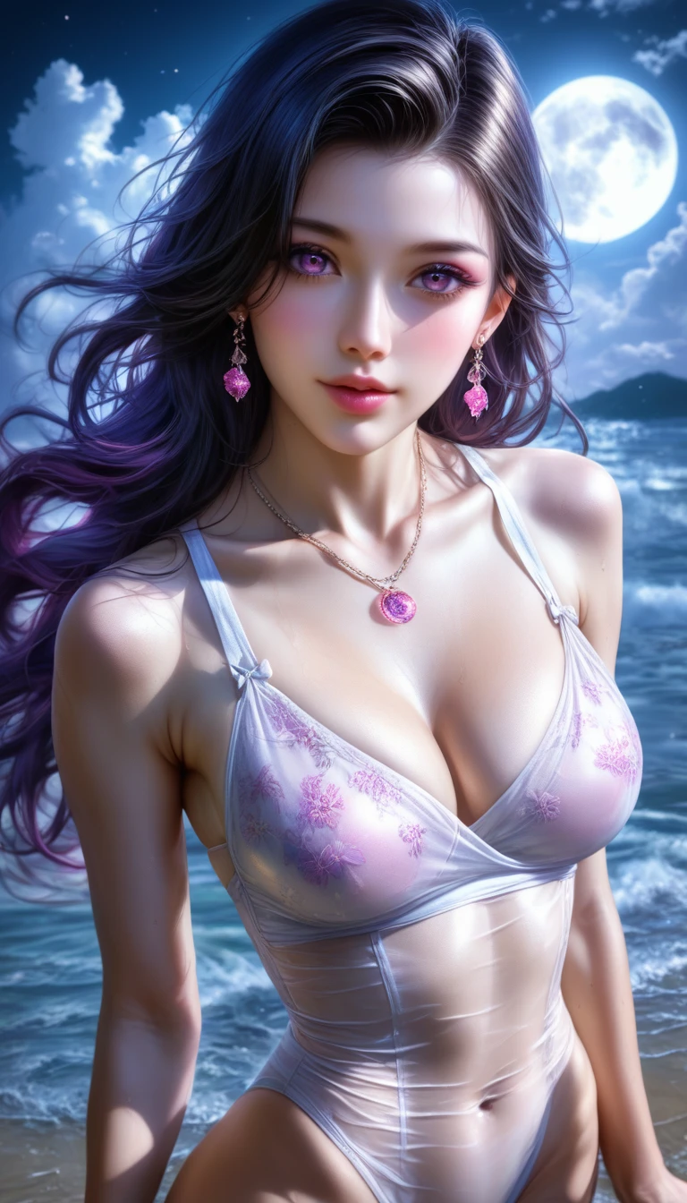 score_9, score_8_superior, score_7_superior, A masterpiece in 32K resolution,Highest quality,it is really amazing,Very detailed,Ultra-high resolution,(Ultra-realistic:1.5),(Realistic:1.5),Increased depth of field,Cinematic lighting,
(Sexy adult Japan woman:1.4),
Long black hair,Ultra-detailed and beautiful face,(Gentle expression:1.1),Translucent white skin,(Realistic skin texture:1.1),
(Sexy Swimwear:1.1),
Bold design,Artistic design,Beautiful and detailed pattern,Detailed fabric texture,
Gorgeous necklace,Earrings,
Coastline at night,(Giant Moon:1.1),(Dark clouds floating in the dark night sky:1.1),
High angle,