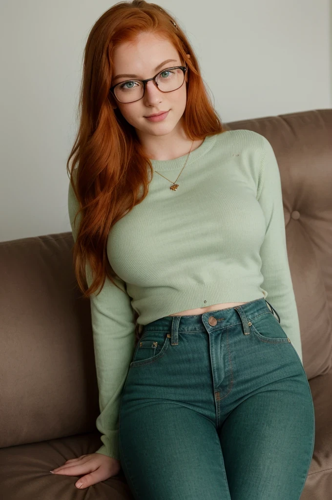 ((on couch, A very cute young woman with glasses wears a very tight sweater.) ((She wears tight jeans.) 40 Tsd., fotografia, masterpiece, best quality, ((1 girl with green eyes and gorgeous red hair, she wears glasses on a beautiful face ,)), very tall, Full, huge. ((:1.3)), detailed eyes. very wide hips, very young , shy smile, large breasts, 18years old,