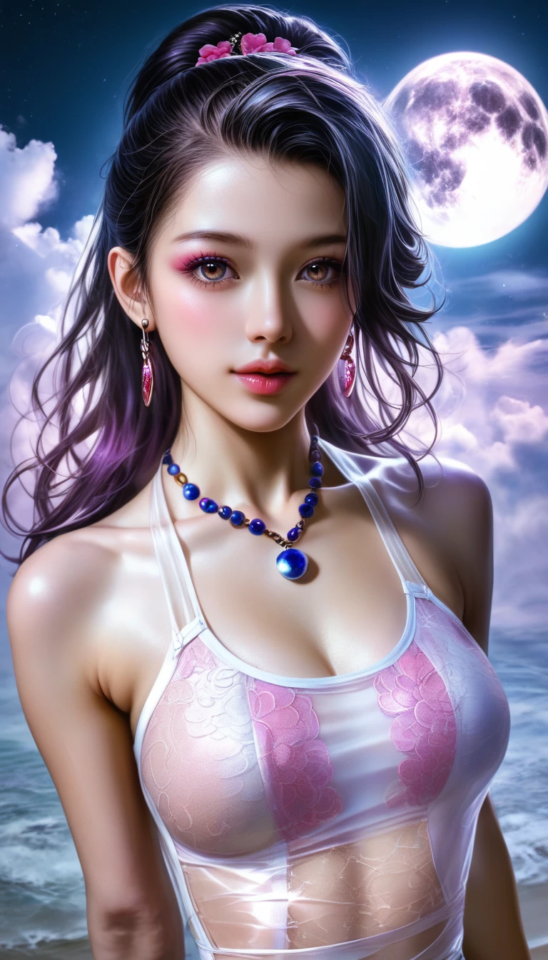 score_9, score_8_superior, score_7_superior, A masterpiece in 32K resolution,Highest quality,it is really amazing,Very detailed,Ultra-high resolution,(Ultra-realistic:1.5),(Realistic:1.5),Increased depth of field,Cinematic lighting,
(Elegant adult Japanese woman:1.1),
Long black hair,Ultra-detailed and beautiful face,(Gentle expression:1.1),Translucent white skin,(Realistic skin texture:1.1),
(Sexy Swimwear:1.1),
Bold design,Artistic design,Beautiful and detailed pattern,Detailed fabric texture,
Gorgeous necklace,Earrings,
Coastline at night,(Giant Moon:1.1),(Dark clouds floating in the dark night sky:1.1),
High angle,