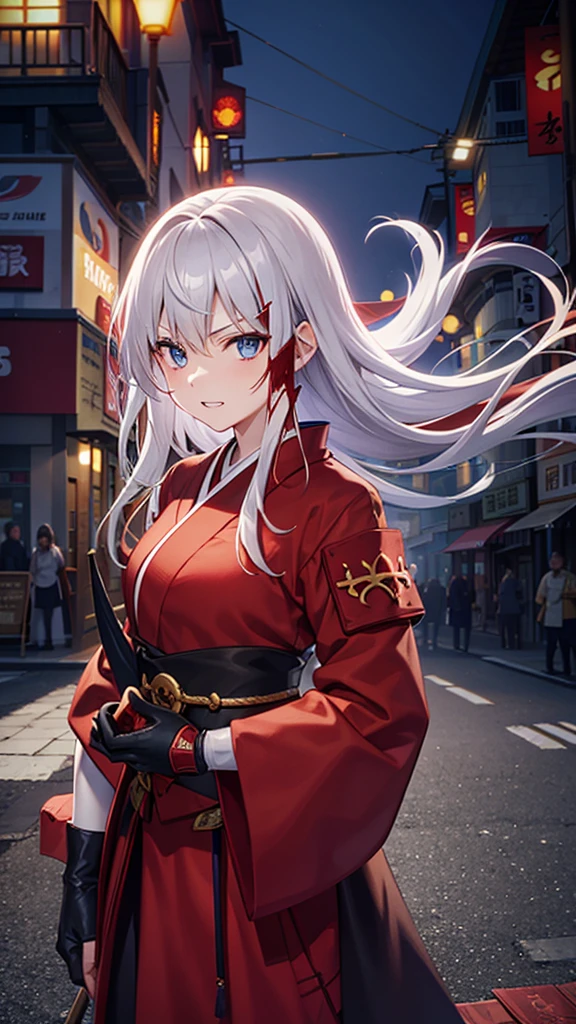 One Woman((Through clenched teeth,Bloody)) Red burning background,The Shining,Knife Woman,(Gray Hair,Long Hair,blue eyes,Super Shine,Holding a sword),Japanese style kneeling in despair,Anime The Wind Blows,Flowers fall,Front eye patch,Filmography,warrior ,kimono