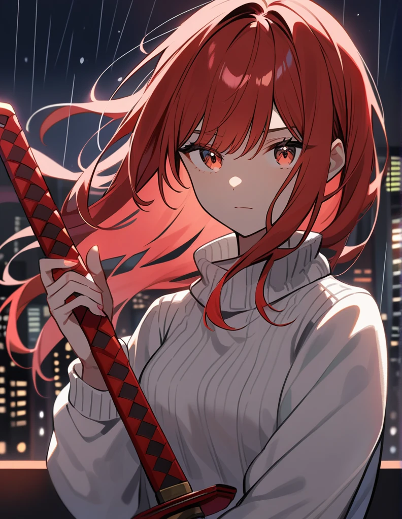 A young woman with red hair wearing a white sweater stares at the rainy night from the top of a skyscraper while holding a red-bladed katana in her hands