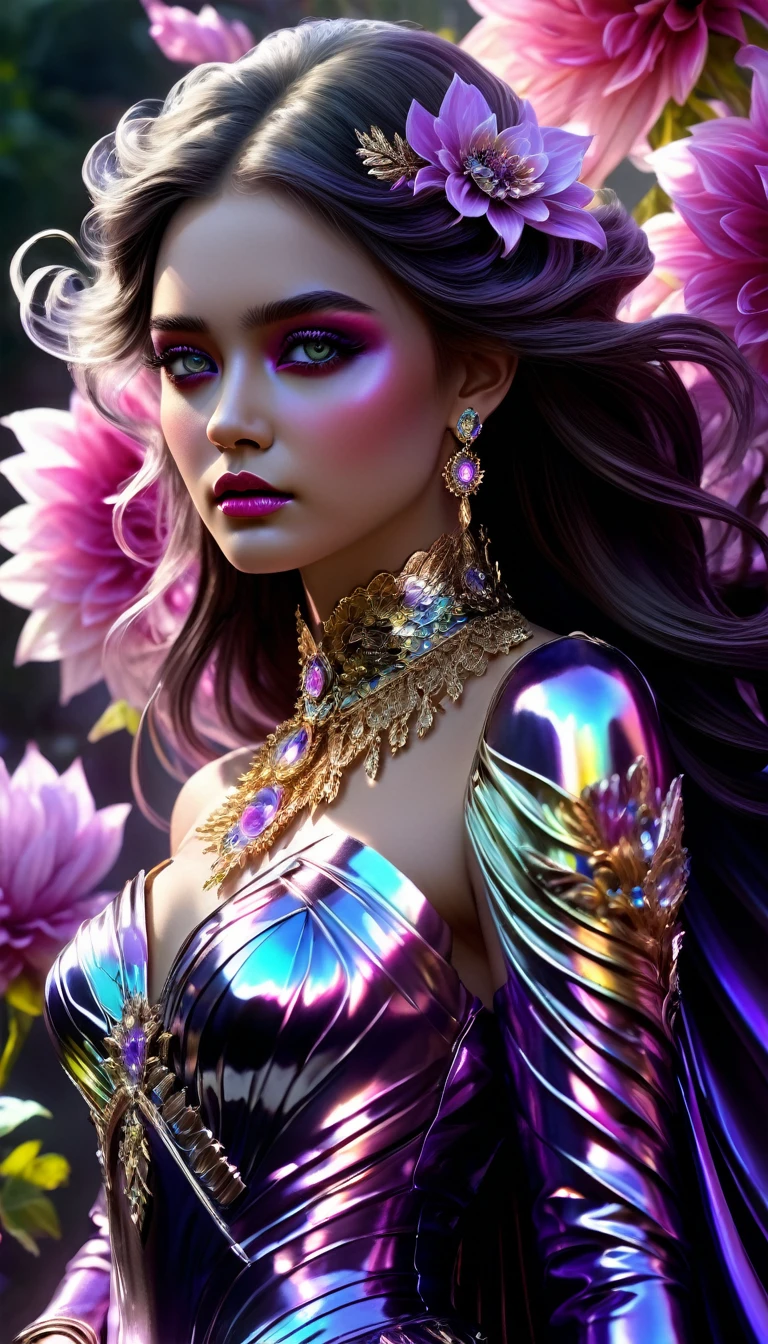 messy lines, iridescent color scale, ((full length)), ((far focus design)), A beautiful girl, High-gloss black satin and gold clothes, Proud, shy, jewelry, Bright pupils, Eyes facing the central focus, wrapped in lilac metallic screen, Exuding an aura of dark fantasy and hatred, Intricate and exquisite details, Highlights fine lines, rich color palette, rainbow colors. Added to enhance the overall ambience, Beautiful details shine, vibrant and perfect, through double exposure technology, Eerily beautiful fog enveloping the landscape, Delicate crystal structure shines, vibrant pink backlighting for flowers and hair, vibrant lilac dahlia flower, nose blush, high details, intricately detailed lilac and iridescent flower background, dynamic pose, concept art, UHD, anatomically correct, super detail, best quality, 8k
