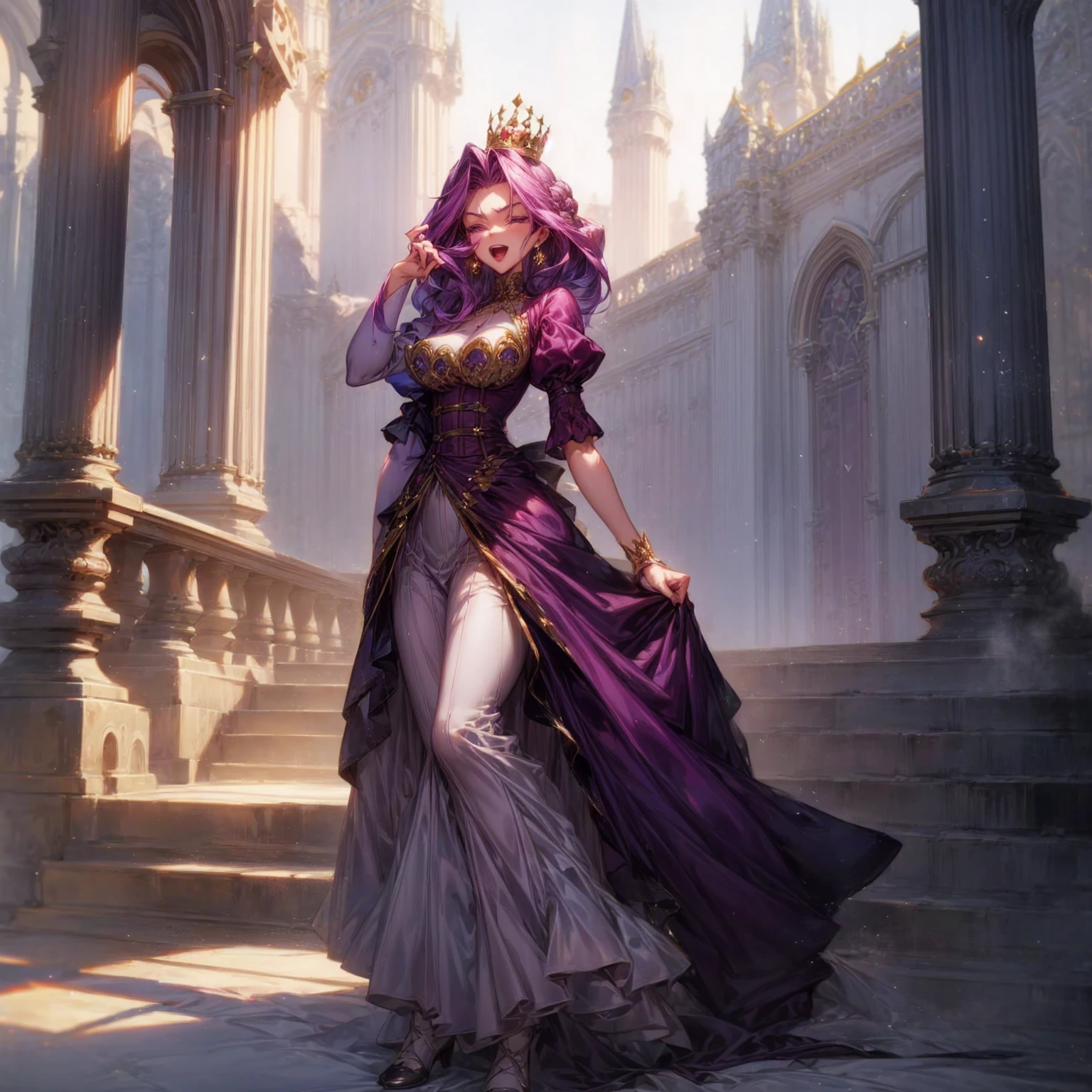 Solo character, full body version, detailed background, detailed clothing, detailed hair, detailed face detailed gesture, girl, purple eyes, lavender color hair, long haircut, long dress Victorian, red color dress, shoes, diamond earrings, outdoor, Castle park, sunlight, close eyes, happy, open mouth, standing gesture, big Breast, diamond crown