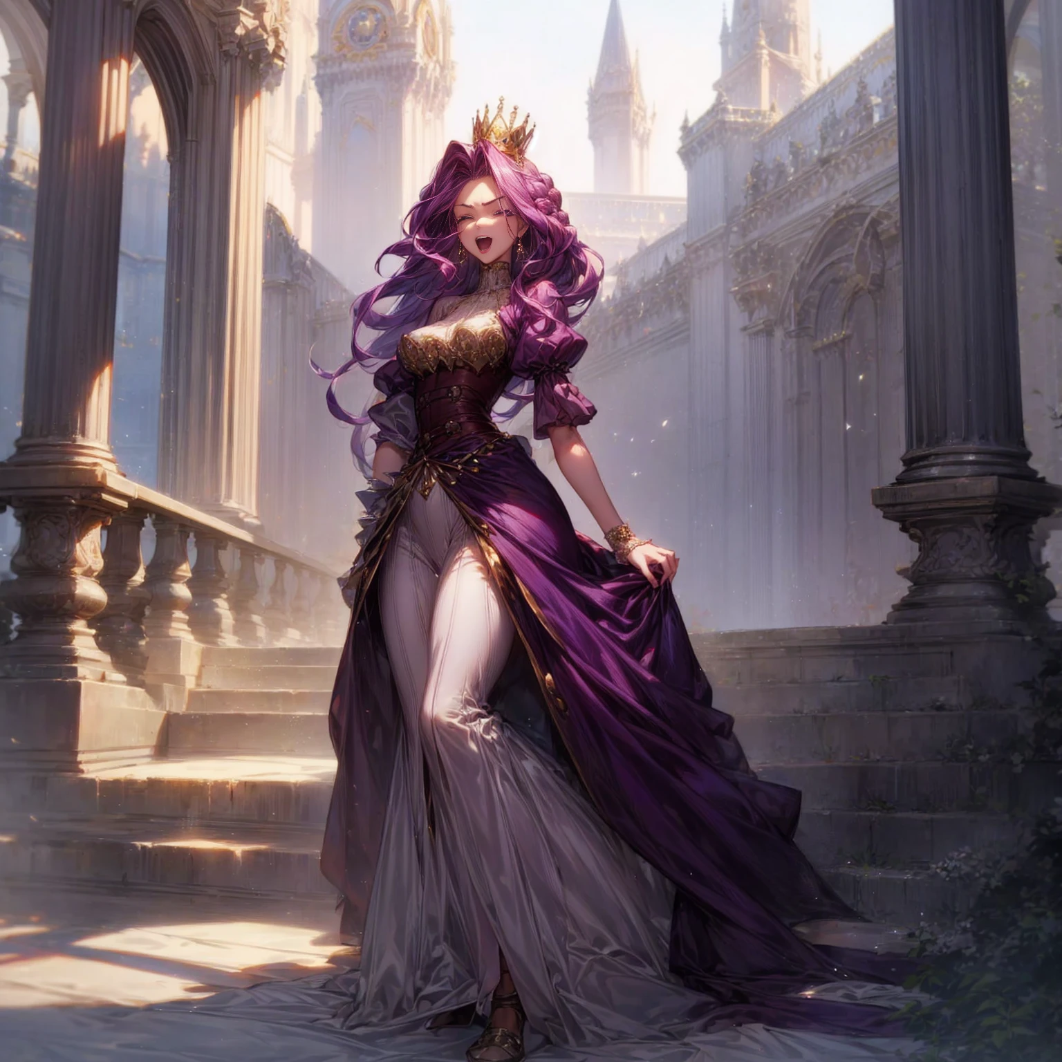 Solo character, full body version, detailed background, detailed clothing, detailed hair, detailed face detailed gesture, girl, purple eyes, lavender color hair, long haircut, long dress Victorian, red color dress, shoes, diamond earrings, outdoor, Castle park, sunlight, close eyes, happy, open mouth, standing gesture, big Breast, diamond crown