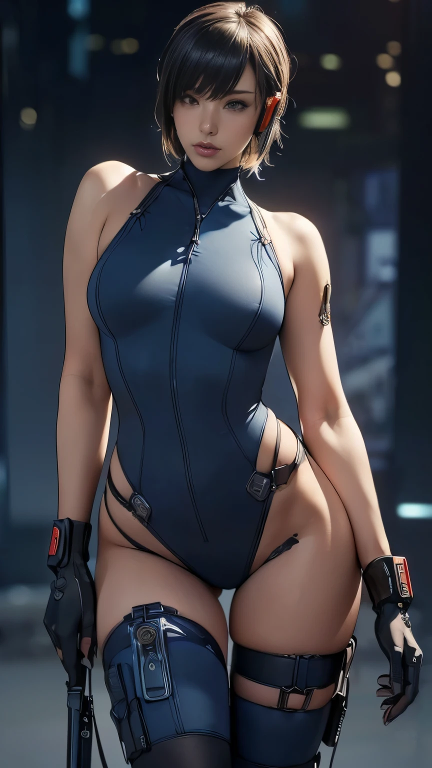 (A woman),(((A female member of the Future Force rides a motorcycle))),((Navy blue tactical high leg bodysuit:1.5)),((earphone:1.5)),((Tactical Holster:1.5)),(Gloves:1.5),(Serious:1.5),(Super short hair:1.5),(bionde:1.5),(beautiful eyes:1.3),(Very detailedな顔:1.5),((Very detailed drawing of a female hand:1.5)),((muscular:1.5)),(Sexy appearance:1.5),((Thick thighs:1.5)),(Beautiful Body:1.5),((Very sensual:1.5)),(Background is hanger:1.5),(Cyberpunk atmosphere:1.5),(((Blurred Background:1.5))),(Written border depth:1.5),rest(((masterpiece:1.5),(best quality:1.5),(Very detailed:1.5),(high resolution:1.5),(Practical:1.5),(Practical:1.5),(Delicate depiction),(Carefully drawn))),8k,wallpaper