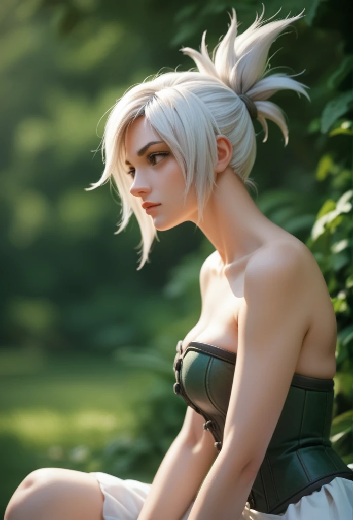 (Masterpiece:1.2), best quality, (illustration:1.2), (ultra-detailed), riven \(league of legends\), 1girl, folded ponytail, short dress, single pauldron, corset, white hair, sitting, upper body, cowboy shot