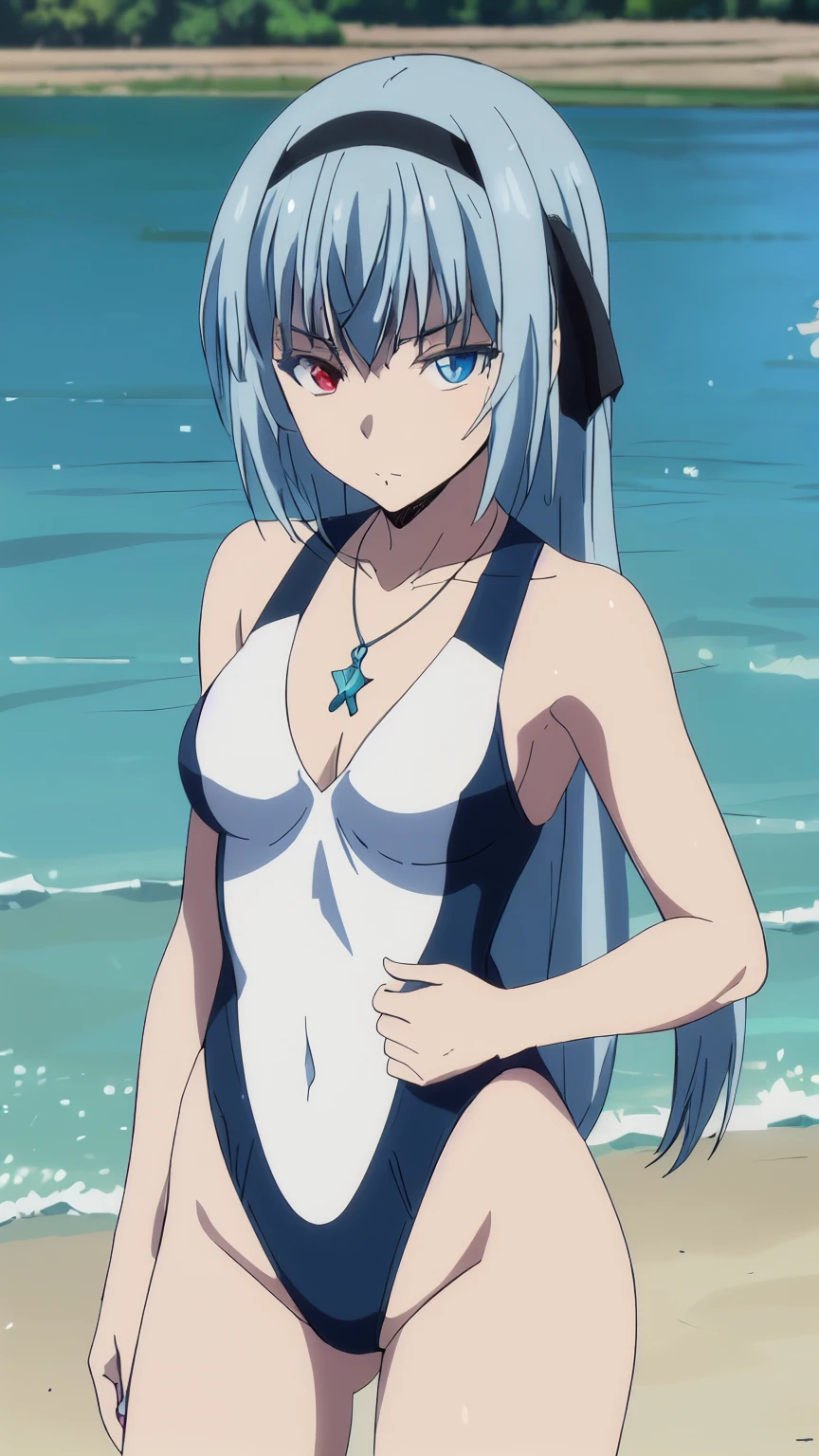 solo, 1girl, looking at viewer, anime coloring, high quality, solo, night sky, beach, arm behind head, hand on hip, contrapposto, closed mouth, spread armpits, (cowboy shot:1.5), looking at viewer, smile, best quality, leen,black bikini, smirk, flat chest,