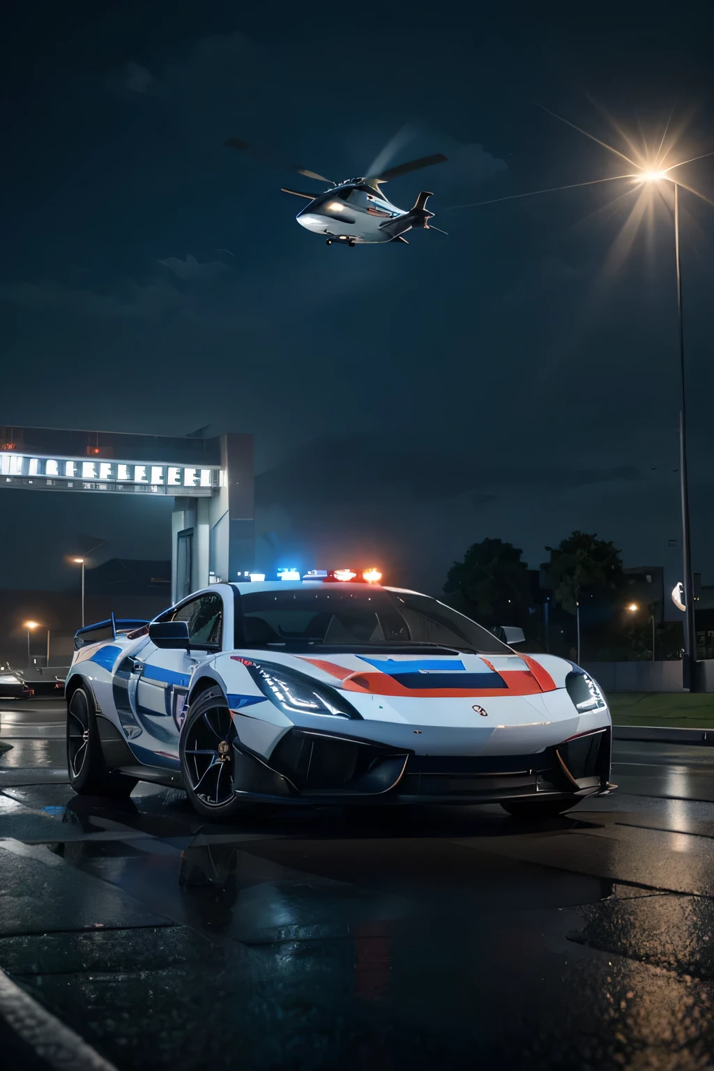 a high speed police car flying up on hi-tech city sky with it's flying mode, emergency lights flashing, a supercar in the background, highly detailed 3D render, hyper realistic, photorealistic, 8K, masterpiece, intricate details, HDR, studio lighting, dramatic lighting, vibrant colors, cinematic