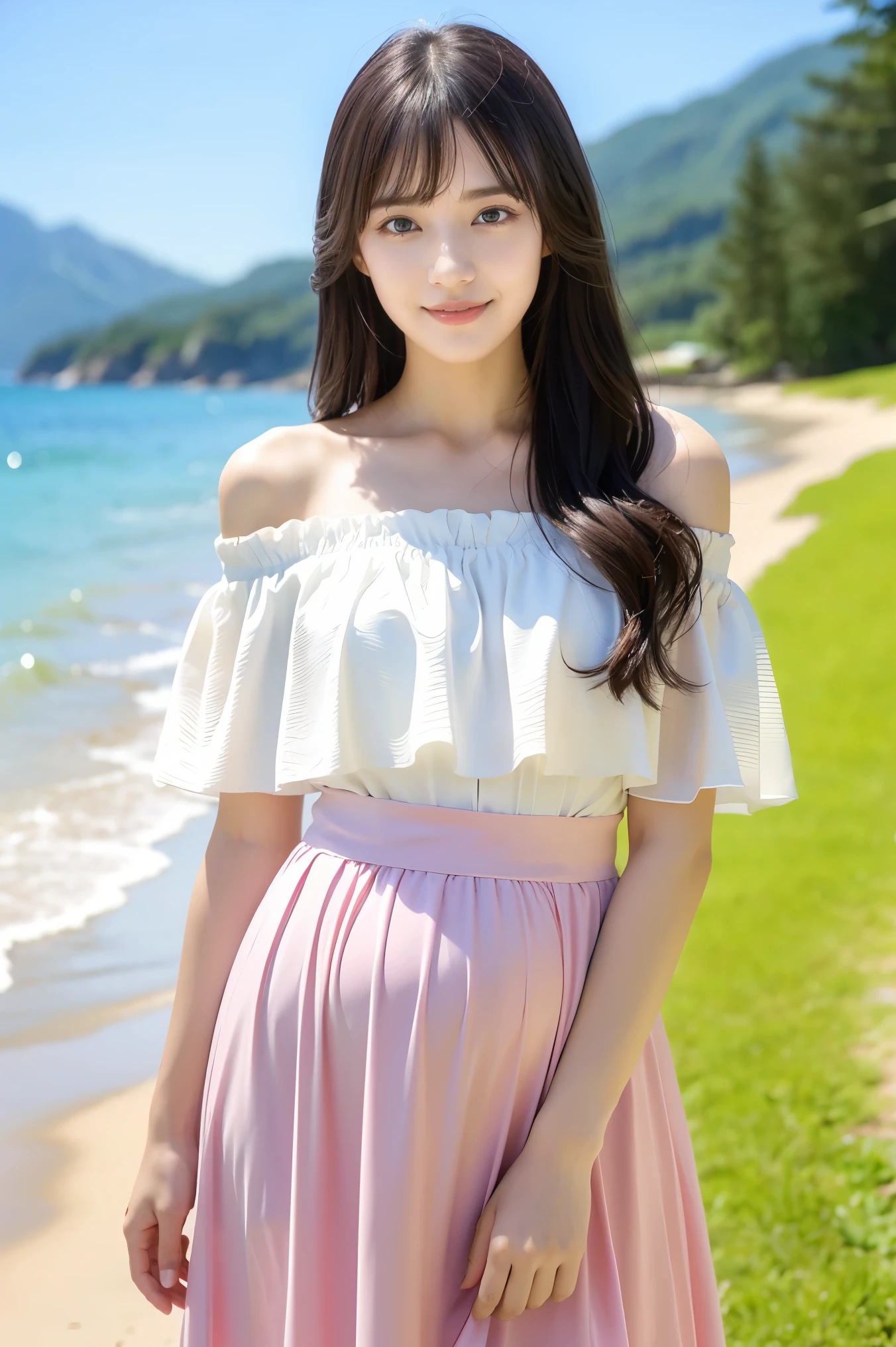 (Highest quality、Masterpiece、8k、Best image quality、Hyperrealism、Award-winning works)、1 pregnant woman、(alone:1.1)、(1 photo:1.1)、(Cute girl ornament:1.1)、(10 year old pretty girl:1.1)、Girly big lolita ribbon、(cute wavy hair:1.1)、(Elegant white off-the-shoulder shirt with lace and frills:1.2)、(Light pink flat floral long flare skirt:1.2)、(The most natural pregnancy bulge:1.2)、Large Breasts、(Beautiful Hiroshi々とした滑らかな砂浜にStanding Elegantly:1.2)、(A clear, beautiful and sparkling sea:1.3)、(The background is a beautiful sparkling sea and sandy beach:1.1)、(Standing on the beautiful shore:1.2)、(Beautiful sunny sky:1.1)、(Beautiful thunderclouds:1.1)、(Standing Elegantly:1.1)、Look at me with your best smile、(Accurate anatomy:1.2)、Perfect Makeup、Long eyelashes、Glossy Lips、Ultra HD glossy skin、(Ultra-high resolution, bright and beautiful skin:1.2)、(very bright and vivid:1.3)、超高精細のGlossy Lips、Ultra-high resolutionの美しい歯