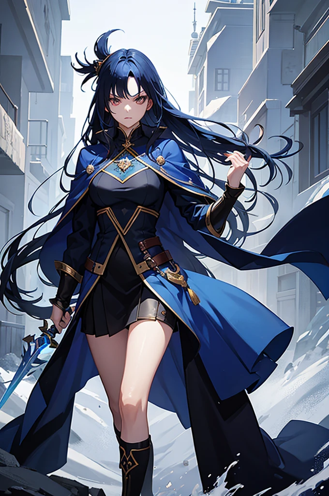 woman, mage long dark blue hair, badass magician style, blue clothes, arcanist, sword, mage hat