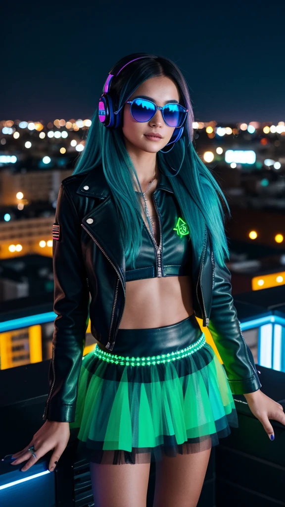 A DJ with long, straight hair in shades of blue and neon green, wearing a black leather jacket decorated with colorful patches and a blue tulle skirt. She is on a rooftop with a stunning view of the city illuminated by neon lights, holding clear LED headphones while looking directly at the camera with an expression of pure joy.