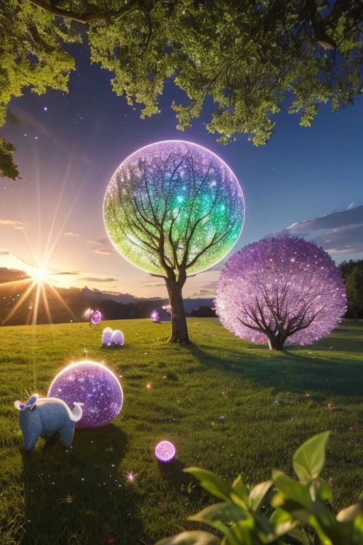 Here is the prompt for a video featuring the whimsical creatures "Sparkly Moos" in English:
```
1. Set a natural background (forest, meadow, etc.)
2. Place a large tree or rock formation in the center, with small Sparkly Moos congregating around it
3. The Sparkly Moos are small spherical creatures with a variety of shimmering color effects
4. The Sparkly Moos should be curious and playful, interacting with each other and moving about the environment (e.g. flying around the tree, touching each o