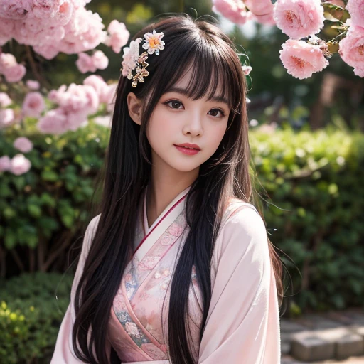 best quality, Delicate face,beautiful visual work, lifelike, eternity, black hair, Long curly hair, blunt bangs, Smile, 在flower园里, flower, Detailed Background, Delicate face,pink blush,cold,((masterpiece))、(top quality)、8k、high detail、Super detailed,21 years old female,Wearing Hanfu、Seductive and whimsical style、masterpiece、born、Scenes resembling fairy tale illustrations、intricate details和複雜的設計、Beautifully、magic、capricious、 Beautifully、Dream aesthetics、「𝓡𝓸𝓶𝓪𝓷𝓽𝓲𝓬、ethereal、charming、fickle、magic」、realism、Visual effects、FXAA、SSAO、Shader、voiceless、ambient lighting、Tone mapping、High resolution、Ultra high quality、Million pixels、(8K resolution:1.10)、8k、8k以下、8K resolution、high detail、intricate details, (high quality:1.2、masterpiece:1.2、:1.21)、(21 years old female:1.21)、(興奮地Smile)、(Surrounded by a dreamy atmosphere、Model diagram,full-body shot,Normal 2 feet,Don't show your fingers