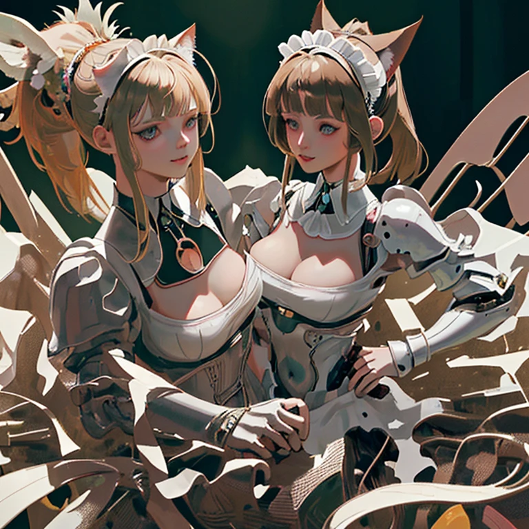 High resolution, Exposed breasts, bangs, Blonde, Brown Hair, ponytail, Cat ear, Maid Head Accessories, Dutch Angle, Anatomically correct, Highest quality, High resolution, masterpiece, accurate, High detail, Ultra high definition, Bangs, smile, Character portrait, Setting diagram, Sportswear, Mecha Armament,