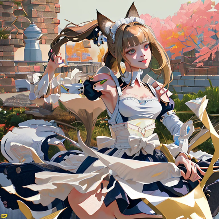 High resolution, Exposed breasts, bangs, Blonde, Brown Hair, ponytail, Cat ear, Maid Head Accessories, Dutch Angle, Anatomically correct, Highest quality, High resolution, masterpiece, accurate, High detail, Ultra high definition, Bangs, smile, Character portrait, Setting diagram, Sportswear, Mecha Armament,