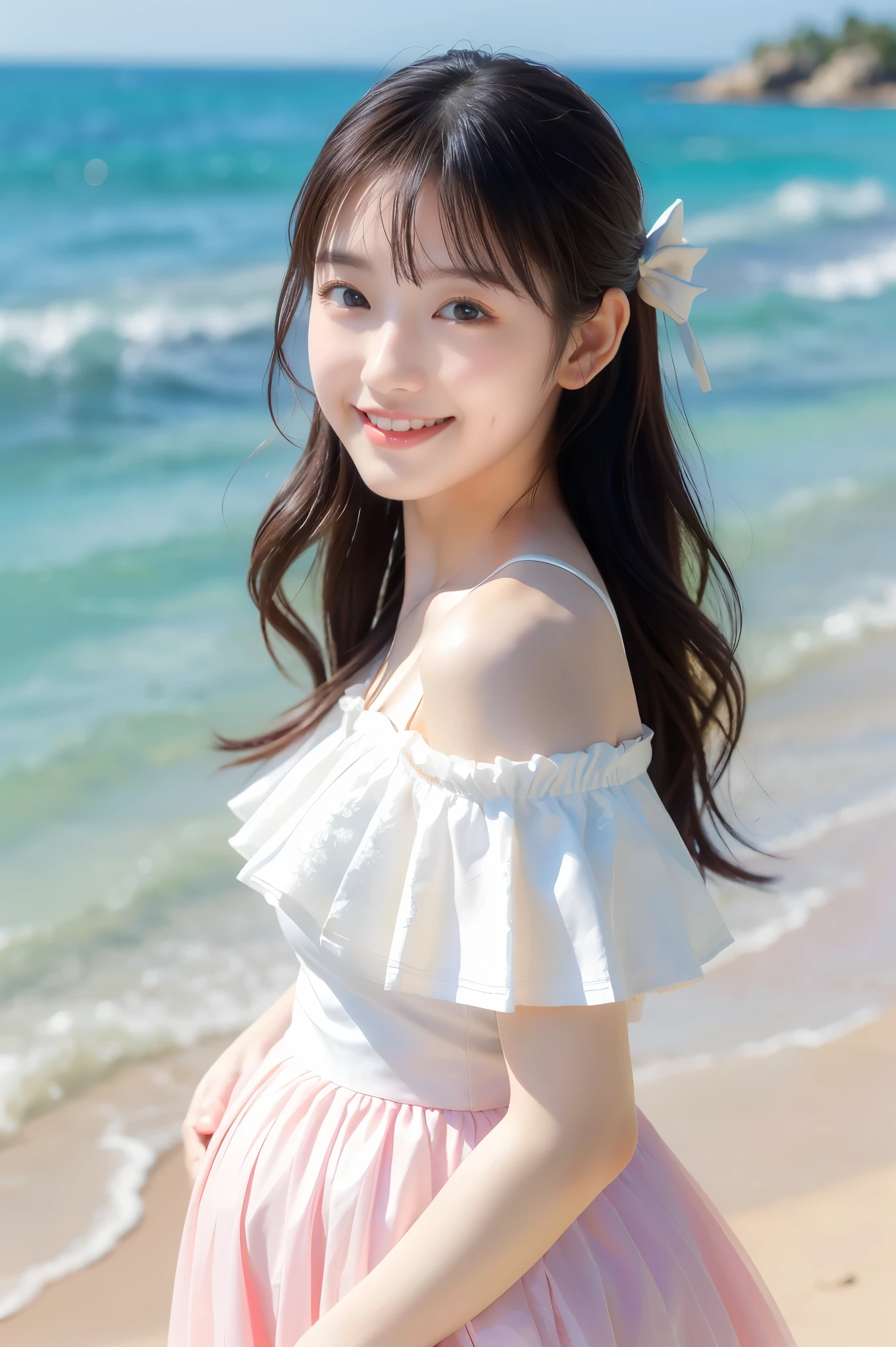 Having long flowing hair、Very Beautiful Japan Woman。She is wearing a stylish dress and a flower crown.、She has striking bluish-black eyes and a bright smile.、Has an elegant posture。The background is a sparkling seaside and sandy beach.。
The image style is realistic.、It adds a touch of glamour.。