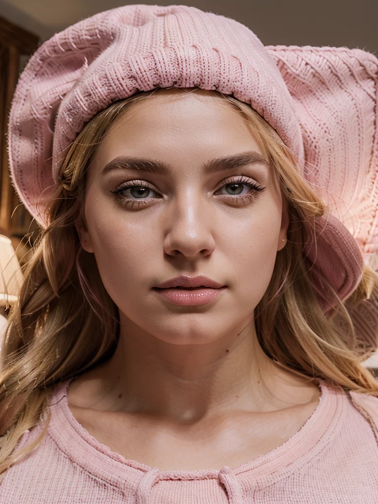 28-year-old thick dressed italian woman with blonde hair, (((wearing a pink hat and a pink outfit))), gorgeous, beautiful, full body shot, d-cup breasts, huge ass, 178cm tall, laying on the bed, cinematic lighting, centered, captivating, 85mm full body shot, rough skin, realistic brown eyes, realistic long eyelashes, realistic eyebrows, realistic nose, realistic full lips, realistic ears, cinematic lighting, 4K, HDR, detailed hands