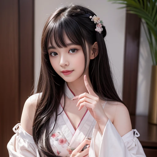 best quality, Delicate face,beautiful visual work, lifelike, eternity, black hair, Long curly hair, blunt bangs, Smile, Detailed Background, Delicate face,pink blush,cold,((masterpiece))、(top quality)、8k、high detail、Super detailed,21 years old female,Wearing Hanfu、Seductive and whimsical style、masterpiece、born、Scenes resembling fairy tale illustrations、intricate details和複雜的設計、Beautifully、magic、capricious、 Beautifully、Dream aesthetics、「𝓡𝓸𝓶𝓪𝓷𝓽𝓲𝓬、ethereal、charming、fickle、magic」、realism、Visual effects、FXAA、SSAO、Shader、voiceless、ambient lighting、Tone mapping、High resolution、Ultra high quality、Million pixels、(8K resolution:1.10)、8k、8k以下、8K resolution、high detail、intricate details, (high quality:1.2、masterpiece:1.2、:1.21)、(21 years old female:1.21)、(興奮地Smile)、(Surrounded by a dreamy atmosphere、Model diagram,full-body shot,Normal 2 feet,Don't show your fingers