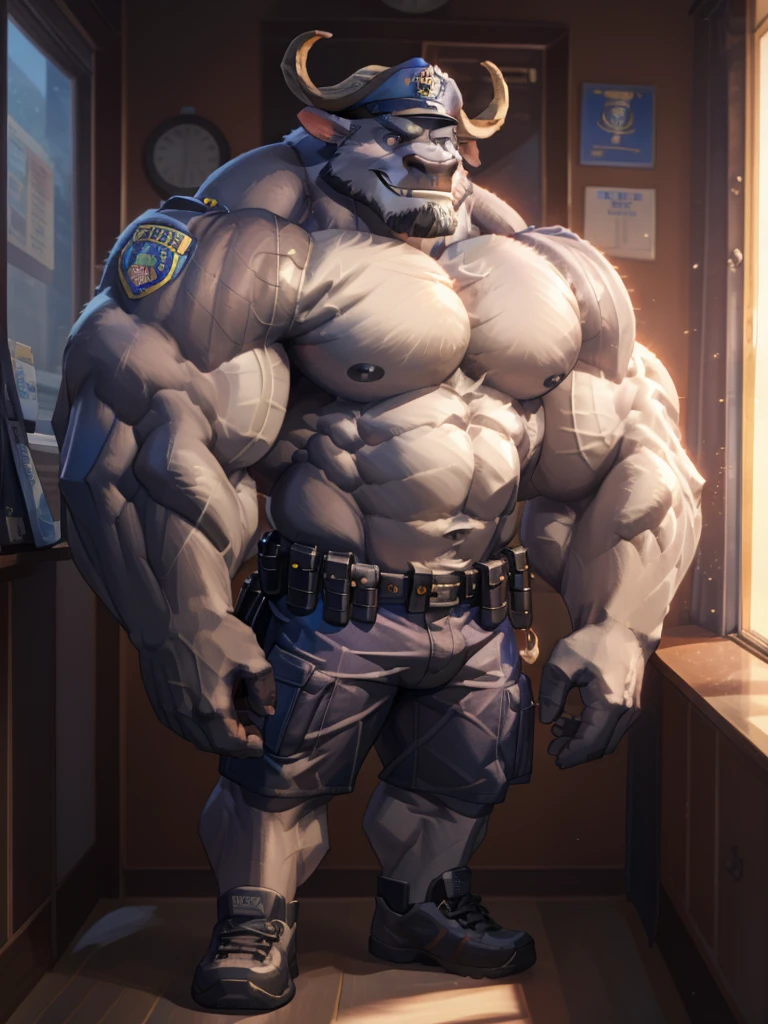 Solo, 1boy, perfect anatomy, perfect proportion, (chief bogo, police, police hat, police office), perfect center, sharp eyes, big eyes, peaceful, eyes, (smile, happiness), calm, perfect fingers, big hand, fingers. Huge Muscular Old man with short hair, shoes, (cargo shorts), view from side, pectoral, thick arms, huge pectoral, wide pectoral, white hair, white beards, simple background, masterpiece, semirealistic:1.2, high detailed, 8k, high resolution, perfect center, full view. ((really big muscle, massive muscular, sixpack, thick arms, wide pectoral, super huge muscle, hyper muscular, over sized muscle, huge arms, big arms, huge pectoral))