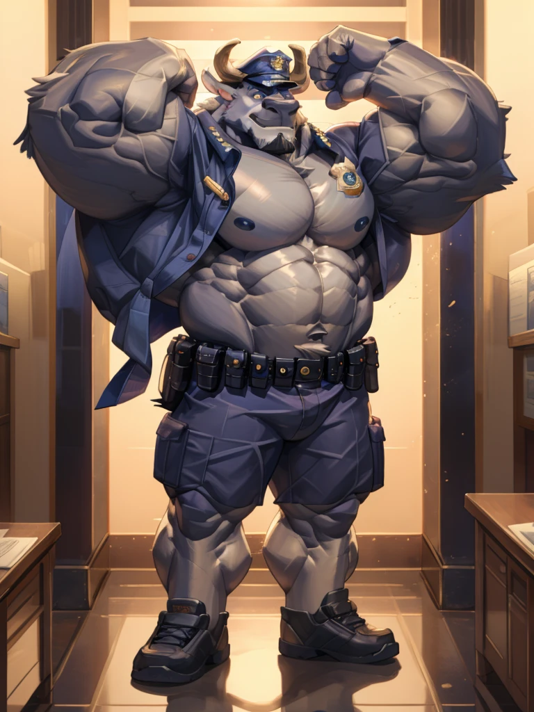 Solo, 1boy, perfect anatomy, perfect proportion, (chief bogo, police, police hat, police office), perfect center, sharp eyes, big eyes, peaceful, eyes, (smile, happiness), calm, perfect fingers, big hand, fingers. Huge Muscular Old man with short hair, shoes, (cargo shorts), view from side, pectoral, thick arms, huge pectoral, wide pectoral, white hair, white beards, simple background, masterpiece, semirealistic:1.2, high detailed, 8k, high resolution, perfect center, full view. ((really big muscle, massive muscular, sixpack, thick arms, wide pectoral, super huge muscle, hyper muscular, over sized muscle, huge arms, big arms, huge pectoral))