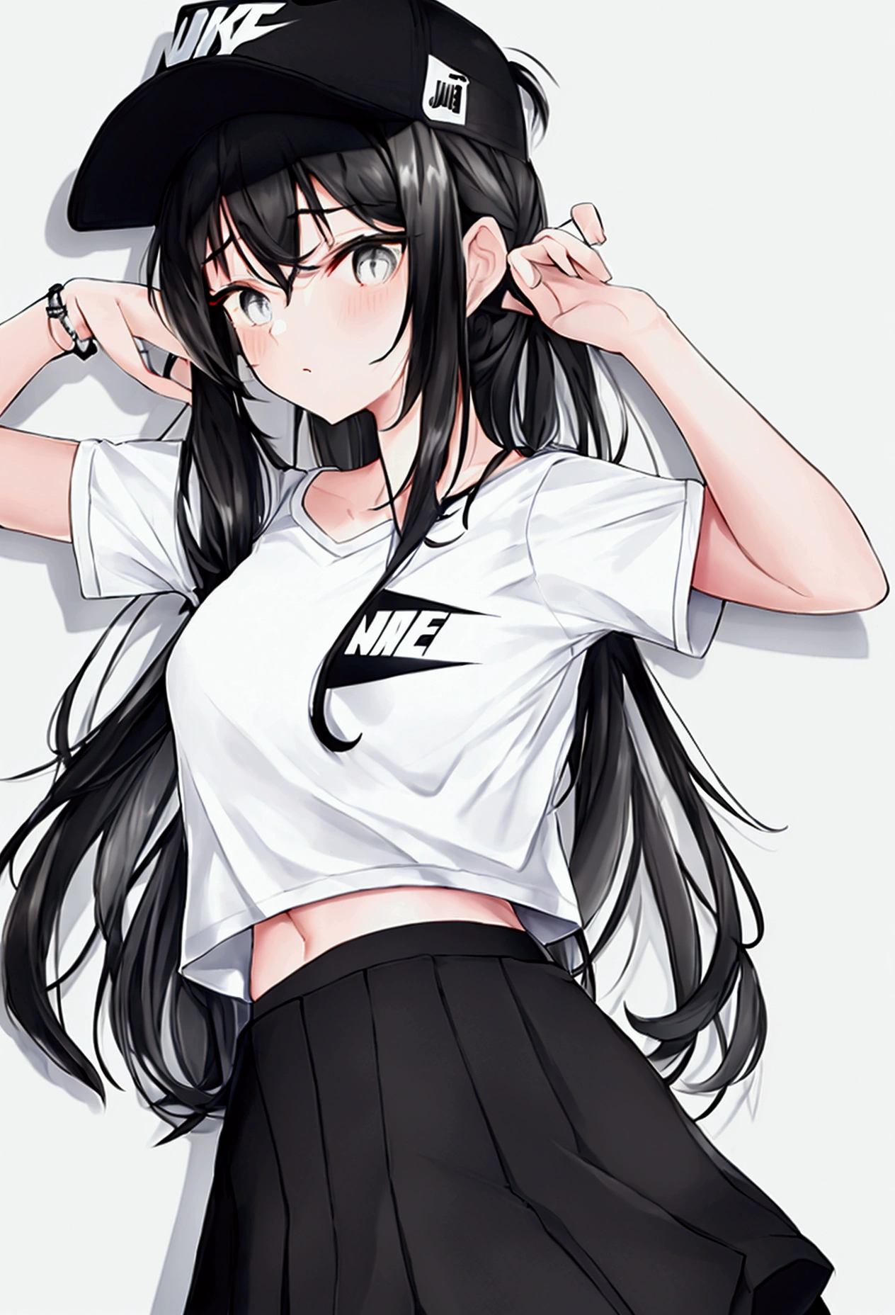 Black hair white color black Nike cap small sibulo Nike shirt black and white Nike skirt black and white sexy pose