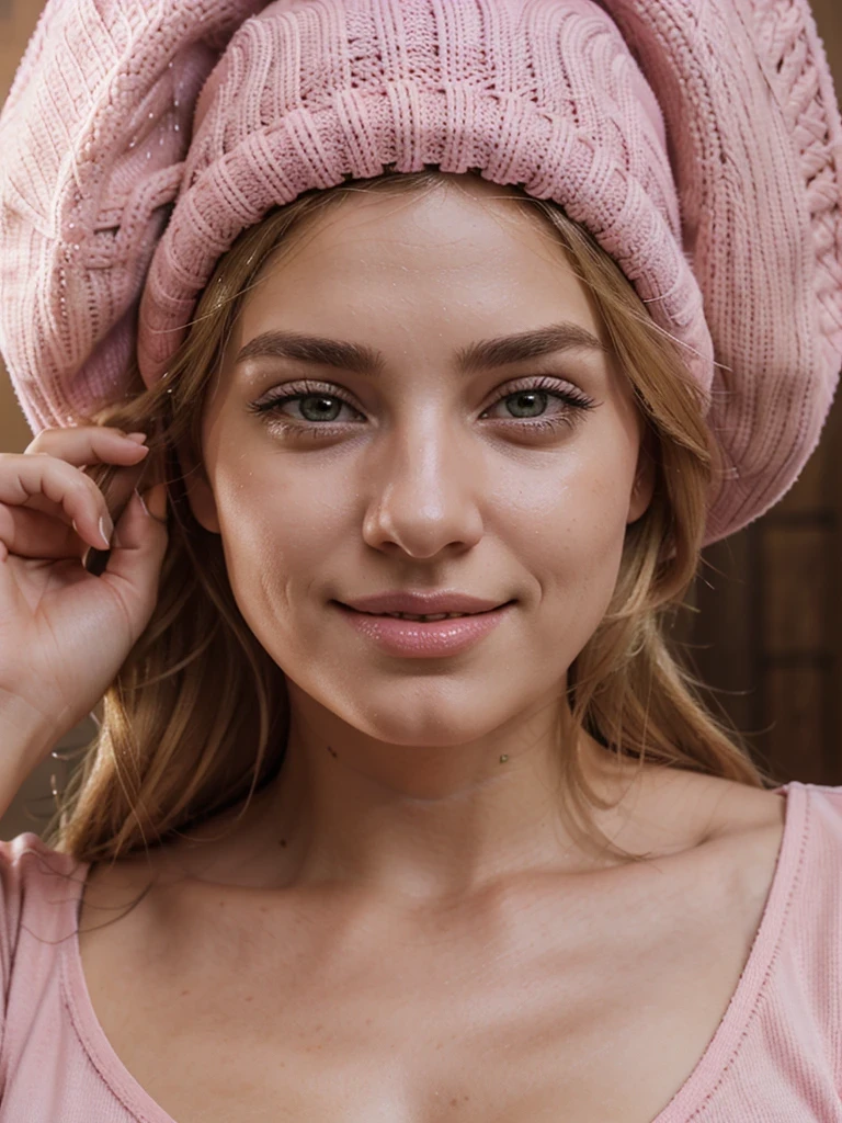 28-year-old thick dressed italian woman with blonde hair, (((wearing a pink hat and a pink outfit))), gorgeous, beautiful, full body shot, d-cup breasts, huge ass, 178cm tall, laying on the bed, cinematic lighting, centered, captivating, 85mm full body shot, rough skin, realistic brown eyes, realistic long eyelashes, realistic eyebrows, realistic nose, realistic full lips, realistic ears, cinematic lighting, 4K, HDR, detailed hands, detailed eyes, smile