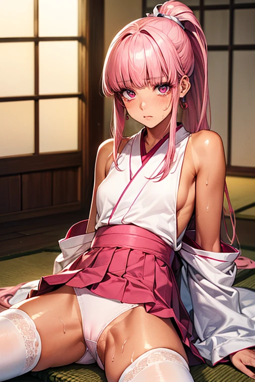((perfect anatomy,realistic,:1.3,RAW Photography:1.3,masterpiece、highest quality、Ultra - High resolution、High resolution、Highly detailed CG、8K)),cowboy shot,1 female,solo,20 year old beauty,((beautiful detailed face and eyes,big gorgeous eyes),pink eyes,(pink hair,ponytail,long hair,blunt bangs,straight hair)),(medium breasts,slender body,small head,skinny,tan skin,gleaming skin,shiny skin,sweat),(white kimono、sleeveless、pink mini skirt,white_thighhighs、white panties、love juice),lying、spread legs:1.4,futon、Japanese style room、Japanese-style house、Tokyo、moonlight、