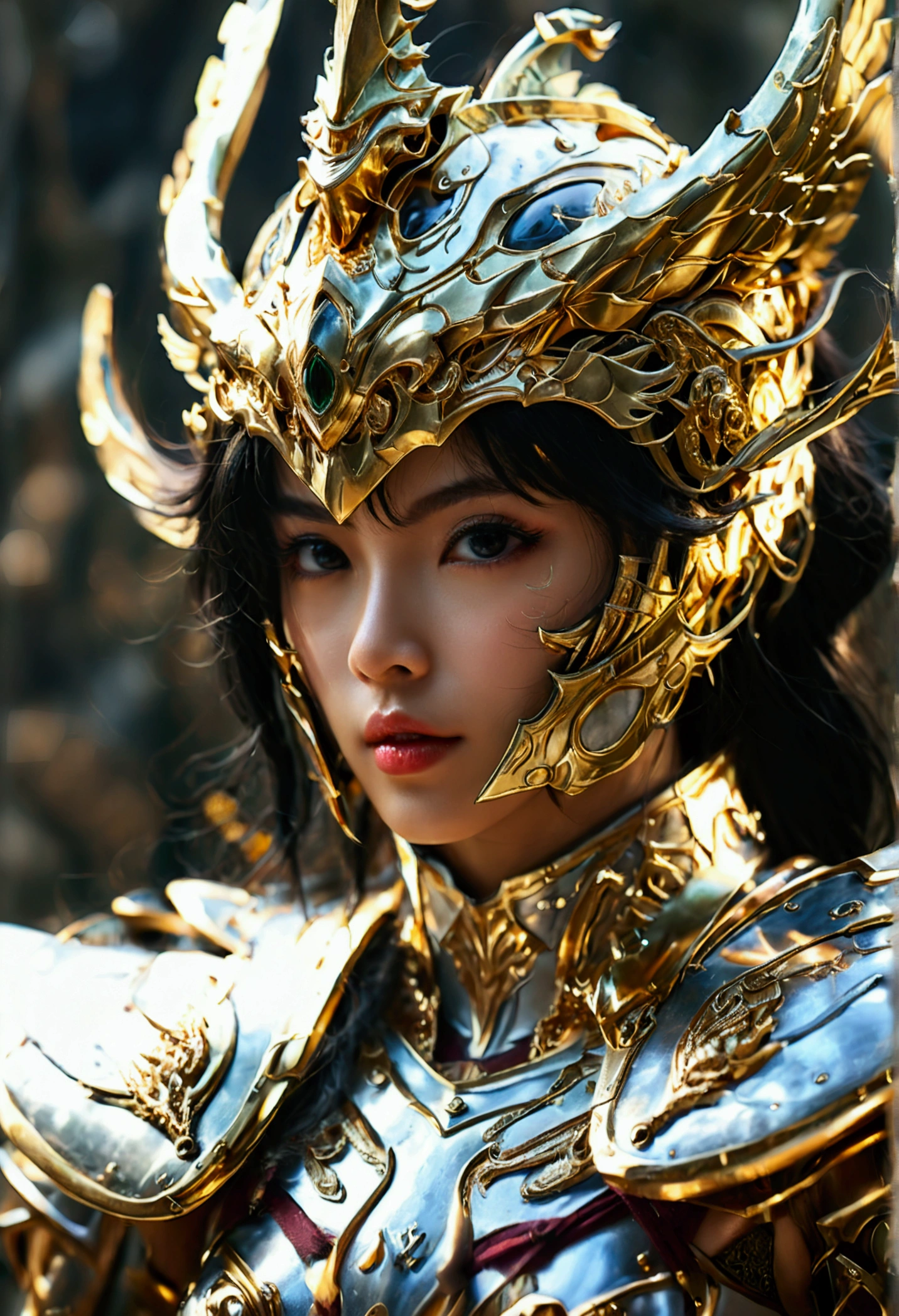 Gold Saint，A female warrior，The fighting intensified，Gold Warframe，Gorgeous decoration，sharp，Strong body，Clear lines，determination，Mysterious runes，There are unique lights around。professional , masterpiece、Top quality、Photo-realistic , 、Top quality、Ultra-high resolution、(Photorealistic:1.4)、RAW photos、Depth of Field （Gemstone gold metal body:1.9),(Matte white、Tostock、Cleavage、（Cleavage）、Navel（Navel）、Big Ass（Big Ass），Wide-angle lens、Face Makeup Surprise、Glossy lipstick（Red lipstick）、(((Saint Seiya Gold Armor))),（Detailed dragon armor）、（Have the strongest weapon）、（(Random hairstyle 1.6),Dark Fantasy,）explode、Fierce battles、（Steep cliffs),dragon gold weapon,Mysterious Expression、Light Particles、Battle Dragon、（Detailed goat horn helmet),Ornate silver weapon ,（（ Dragon&#39;s dense pattern Tianwu treasure wheel）） , Beautiful wheel-shaped weapon ,Warhammer 40k ,Details and gorgeous crowns、（（flowing long black hair））、（Castle Background）、（（Gungar forest background））、Beautiful Asian Japanese cute beauty、big eyes、High nose bridge、one person、Dynamic Angle,(((With detailed shielding)))、Head high、170 height、a smile、Castle Background、Slender and beautiful female hands、Cleavage、Soldiers in armor in the background、Mysterious Expression、Lighting Effects、Fierce battles、Wind Effect、Magic Circle、With the legendary wand、（Devil Wings）、Tostock、
