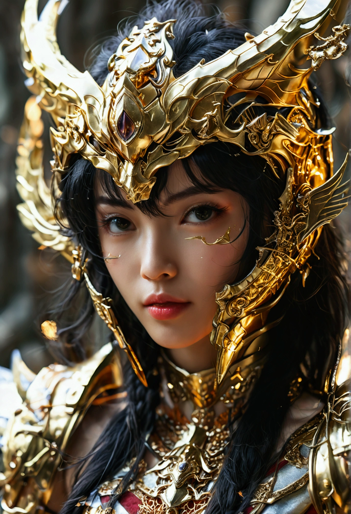 Gold Saint，A female warrior，The fighting intensified，Gold Warframe，Gorgeous decoration，sharp，Strong body，Clear lines，determination，Mysterious runes，There are unique lights around。professional , masterpiece、Top quality、Photo-realistic , 、Top quality、Ultra-high resolution、(Photorealistic:1.4)、RAW photos、Depth of Field （Gemstone gold metal body:1.9),(Matte white、Tostock、Cleavage、（Cleavage）、Navel（Navel）、Big Ass（Big Ass），Wide-angle lens、Face Makeup Surprise、Glossy lipstick（Red lipstick）、(((Saint Seiya Gold Armor))),（Detailed dragon armor）、（Have the strongest weapon）、（(Random hairstyle 1.6),Dark Fantasy,）explode、Fierce battles、（Steep cliffs),dragon gold weapon,Mysterious Expression、Light Particles、Battle Dragon、（Detailed goat horn helmet),Ornate silver weapon ,（（ Dragon&#39;s dense pattern Tianwu treasure wheel）） , Beautiful wheel-shaped weapon ,Warhammer 40k ,Details and gorgeous crowns、（（flowing long black hair））、（Castle Background）、（（Gungar forest background））、Beautiful Asian Japanese cute beauty、big eyes、High nose bridge、one person、Dynamic Angle,(((With detailed shielding)))、Head high、170 height、a smile、Castle Background、Slender and beautiful female hands、Cleavage、Soldiers in armor in the background、Mysterious Expression、Lighting Effects、Fierce battles、Wind Effect、Magic Circle、With the legendary wand、（Devil Wings）、Tostock、
