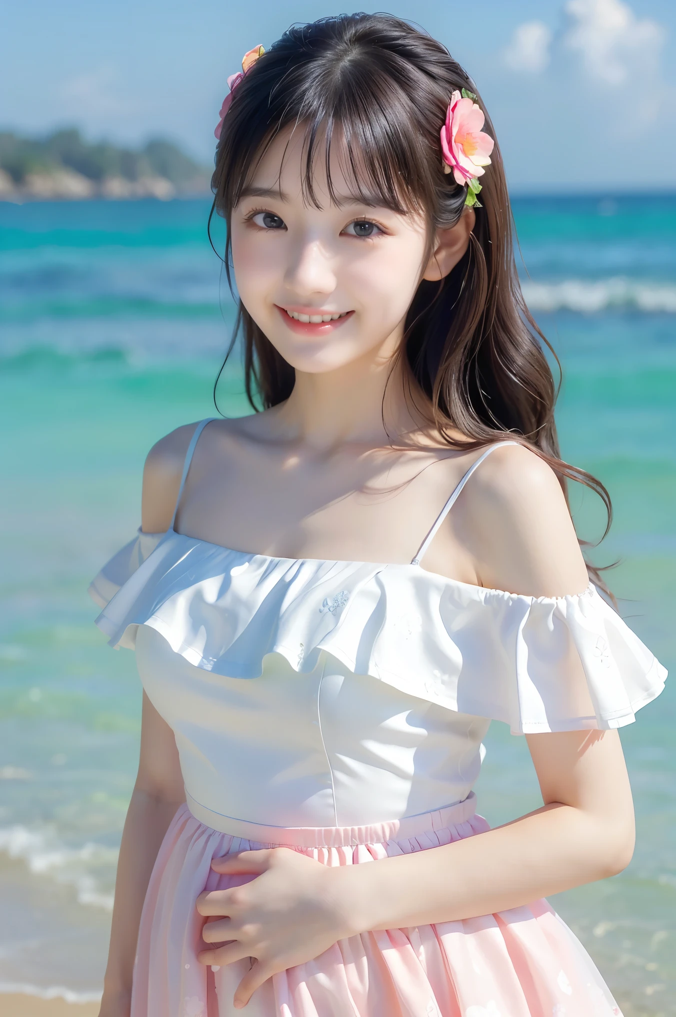 (Highest quality、Masterpiece、8k、Best image quality、Hyperrealism、Award-winning works)、1 pregnant woman、(alone:1.1)、(1 photo:1.1)、(Cute girl ornament:1.1)、(10 year old pretty girl:1.1)、Girly big lolita ribbon、(cute wavy hair:1.1)、(Elegant white off-the-shoulder shirt with lace and frills:1.2)、(Light pink flat floral long flare skirt:1.2)、(The most natural pregnancy bulge:1.2)、Large Breasts、(Beautiful Hiroshi々とした滑らかな砂の上にStanding Elegantly:1.2)、(A clear, beautiful and sparkling sea:1.3)、(The background is a beautiful, sparkling sea:1.1)、Beautiful surf edge、(Beautiful sunny sky:1.1)、(Beautiful thunderclouds:1.1)、(Standing Elegantly:1.1)、Look at me with your best smile、Accurate anatomy、Perfect Makeup、Long eyelashes、Glossy Lips、Ultra HD glossy skin、(Ultra-high resolution, bright and beautiful skin:1.2)、(very bright and vivid:1.3)、超高精細のGlossy Lips、Ultra-high resolutionの美しい歯