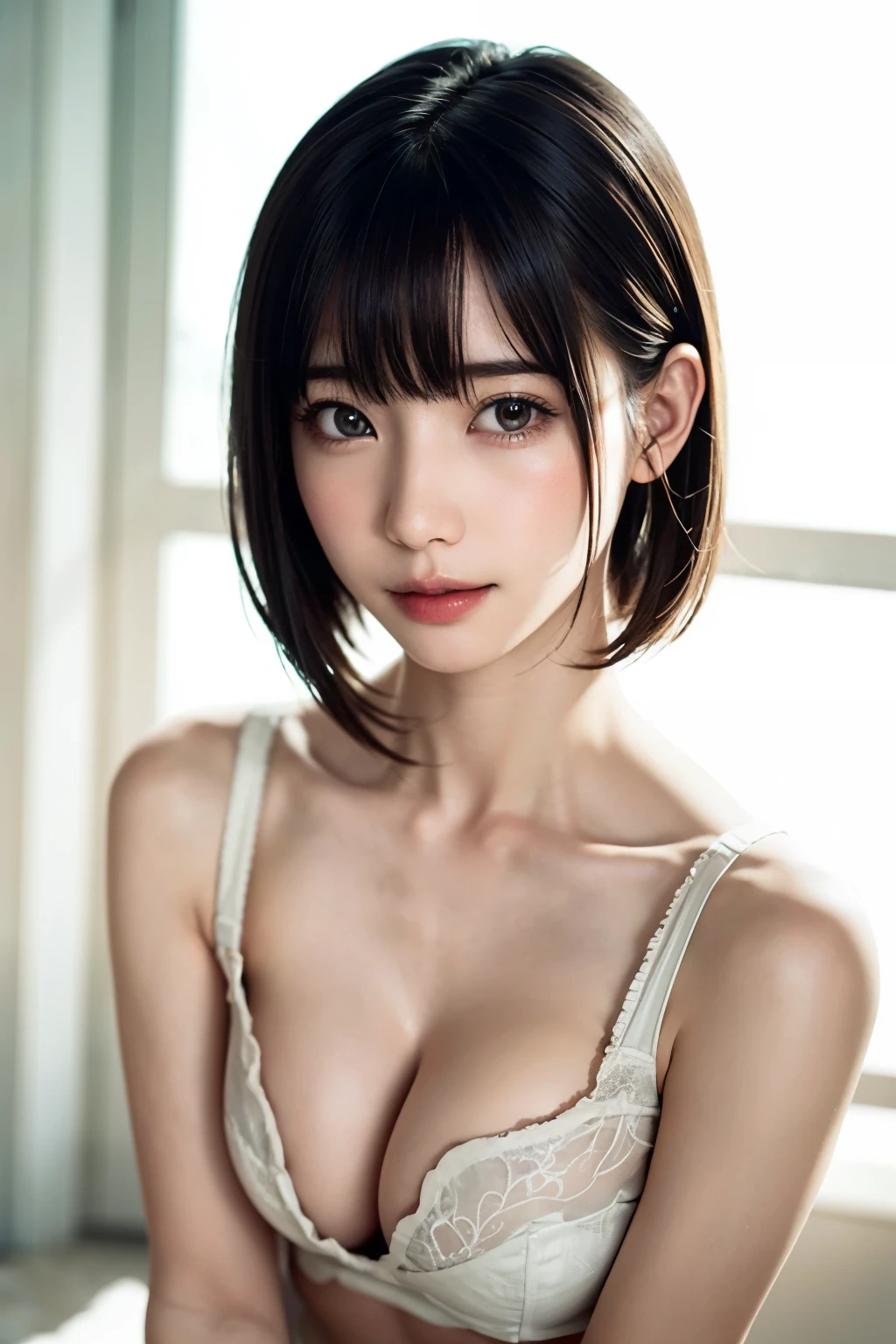 ((masterpiece, Highest quality, High resolution、Everything is beautifully detailed)), 1 girl, (Realistic: 1.4), alone, White Background, snow-White Background, Mouth closed, smile, smile, Beautiful black hair, short hair, Big eyes, Transparent double eyelids, eyelash, Listen carefully, Long neck, 美しくLong neck, Absolute area, ((Face close-up)), (Draw the whole head, shoulder), 19 years old, Attractive proportions, Glowing Skin, Beautiful clavicle, Golden ratio face, Perfect Face, Teardrop-shaped mole, chestのほくろ, bangs, clean bangs, beautiful bangs, Lip gloss, Thin lips, Fair skin, naked, Big Breasts, {Huge|big|Hugeな|Mega} chest, chestの谷間,Small face, Small face, All the heads are painted, shoulder all drawn, Point slightly above the camera