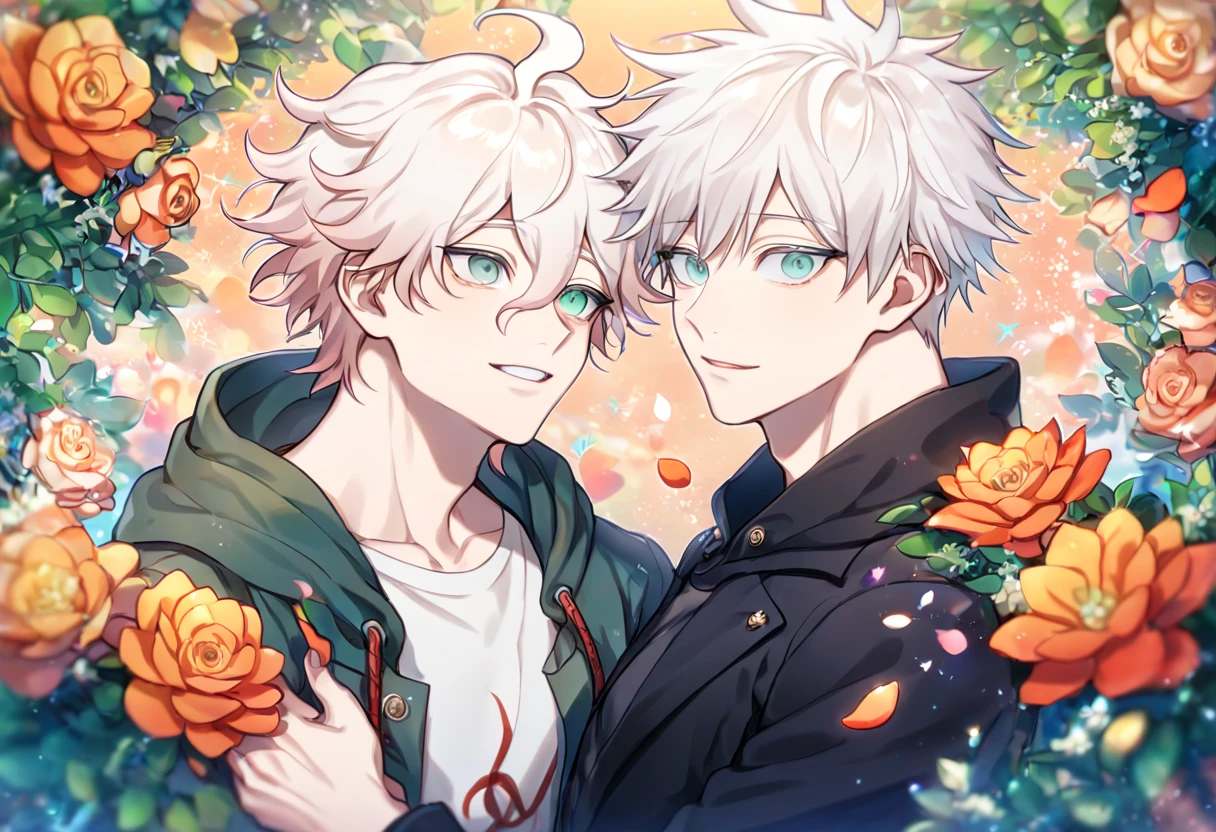 Ultra detailed, HDR, Highres, absurdres, master piece, Gojou Satoru, white hair with bangs, white eyelashes, expressive blue eyes, black coat, Jujutsu Kaisen, Komaeda Nagito, white hair, light gray-green eyes, two sexy men together, yaoi, gay couple, green coat with hoodie, white shirt, Danganronpa, handsome, flowers, petals, fantasy, magical, green leaves, summer, handsome, best quality, glittering, manly men,