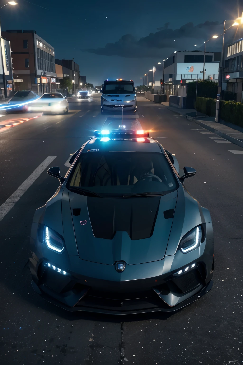 a high speed police car flying on hi-tech city sky with it's flying mode, emergency lights flashing, a supercar in the background, highly detailed 3D render, hyper realistic, photorealistic, 8K, masterpiece, intricate details, HDR, studio lighting, dramatic lighting, vibrant colors, cinematic, (Hi-Speed Police car flying)