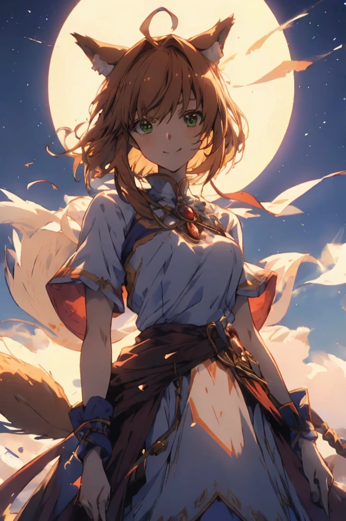 master piece, Best Quality, A high resolution, top-quality, Anime style, The best lighting, Beautiful face, kinomoto sakura, 1woman, tall, 30 years old, large breasts, light brown hair, Short hair, Antenna Hair, Green eyes, frills,  dynamic angle, wolf ears and tail, in front of a full moon, white dress, confident smile,