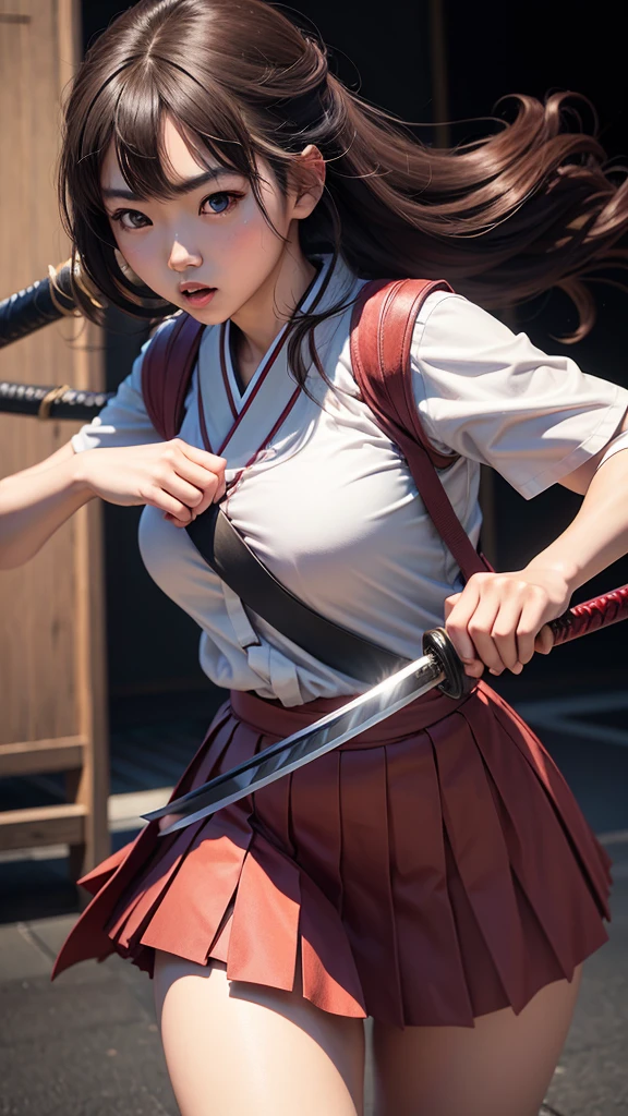 Japanase girl wearing school uniform and grab katana sword ,ultra realistic 4k