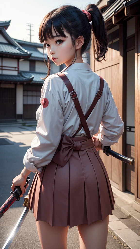 Japanase girl wearing school uniform and grab katana sword ,ultra realistic 4k