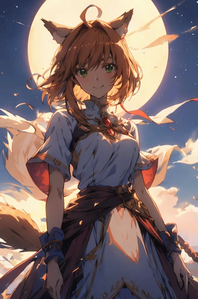 master piece, Best Quality, A high resolution, top-quality, Anime style, The best lighting, Beautiful face, kinomoto sakura, 1woman, tall, 30 years old, large breasts, light brown hair, Short hair, Antenna Hair, Green eyes, frills,  dynamic angle, wolf ears and tail, in front of a full moon, white dress, confident smile,