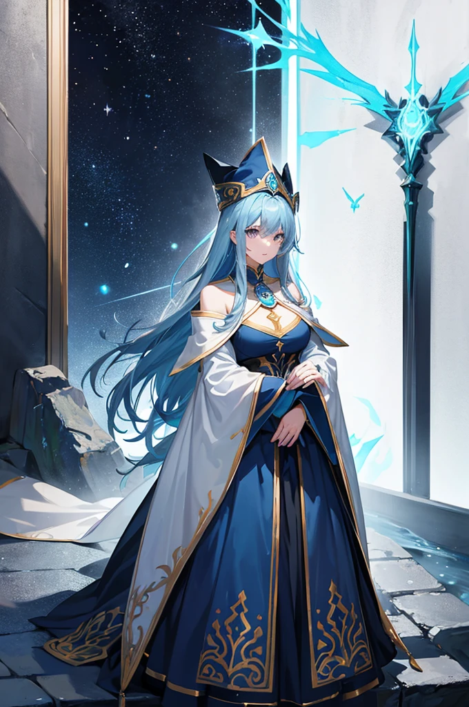 woman mage, light dark blue hair, mage style, mage clothes, mage hat