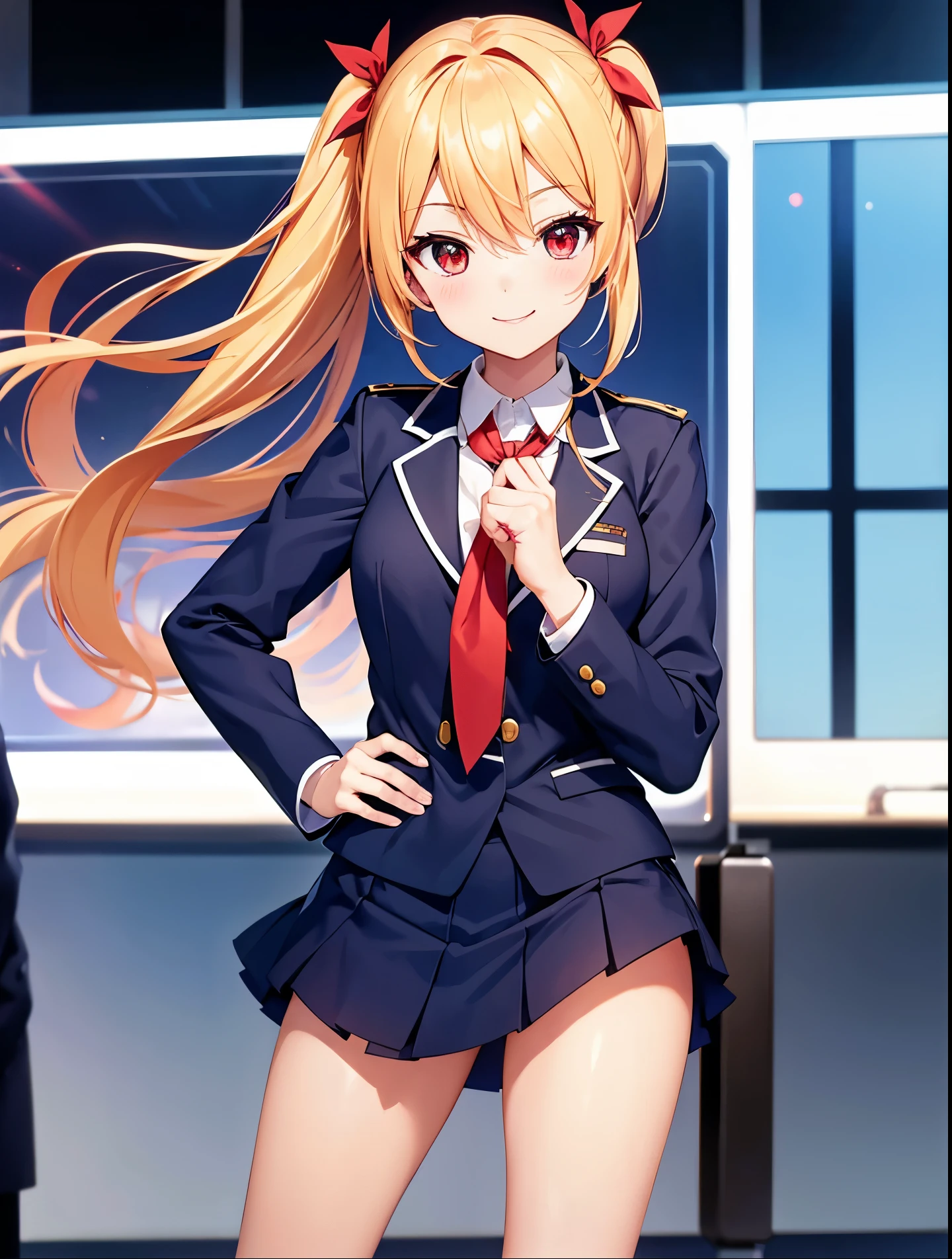 Idol-like anime character, neat face, firm eyes, smiling, cute expression, cheerful expression, blond twin-tail hair, wearing red ribbon, small breasts,
navy blue stewardess uniform,navy blue blazer,.
greeting, plane flying in background in airport lobby,.
Focus on face. Red eyes, 5 fingers, both hands. No shadow on background, high quality, high quality No shadow on background, high quality, high quality
