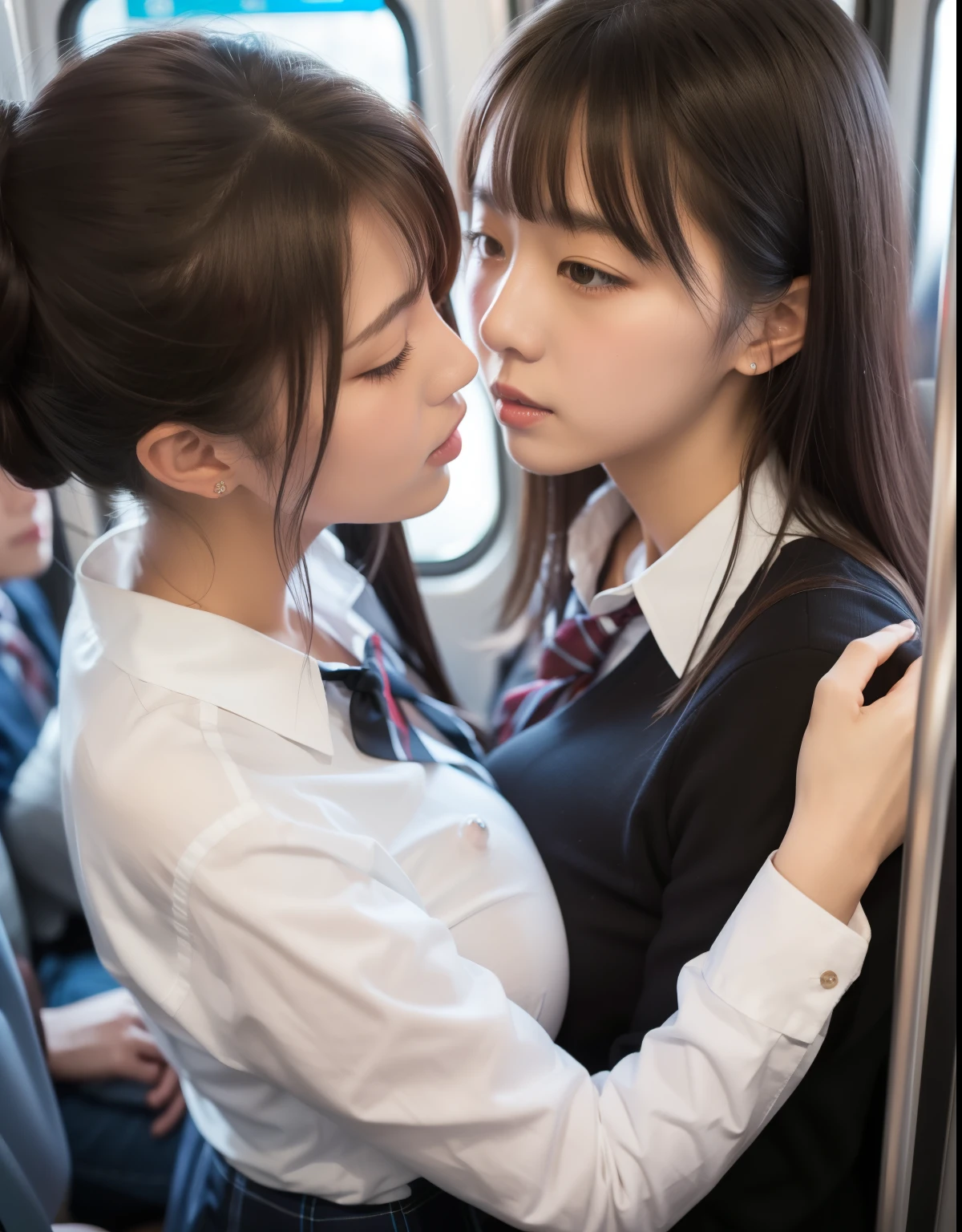 8k,masterpiece,Japanese,best quality, two (schoolgirls:1.1), kiss, reluctantly, on crowded train, (breasts:1.3) , (shirt:1.2)