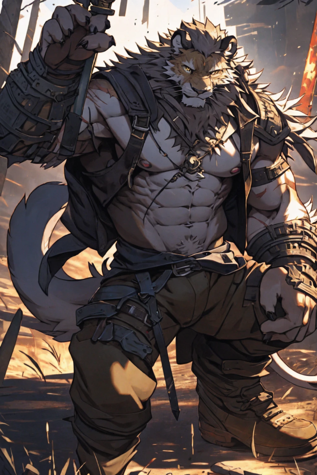 Solo Sexy young anthro furry wolf male mercenary medieval solider, slim slim muscular, anthro handsome gay shorter muzzle, handsome gay model male apperance, sword scars, worn out leather skimpy armament, low on hips heavy leather belt, old very worn out skimpy dirty linen material jockstrap, old yellow dirty worn out stains on white sawn jockstrap, very visible "x" brown seam pattern on the jockstrap, studded skimpy armlets breastplate armor, skimpy breastplate, leather bondages, fingerless leather gloves, smelly unwashed furr, dirty body look, desert battlefield, standing in sexy fighting position, close view of full character