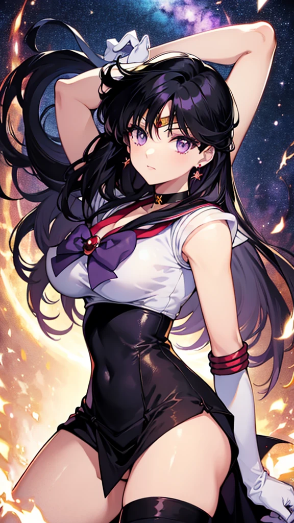 masterpiece, Best Quality, High resolution, side locks, gold ornament on the forehead, purple eyes, gold earring, big breasts, choker, bare shoulders, black dress, two-sided dress, Gloves without fingers, thigh high boots, cowboy shot, standing, field, on one side,Sailor Mars, long black hair
